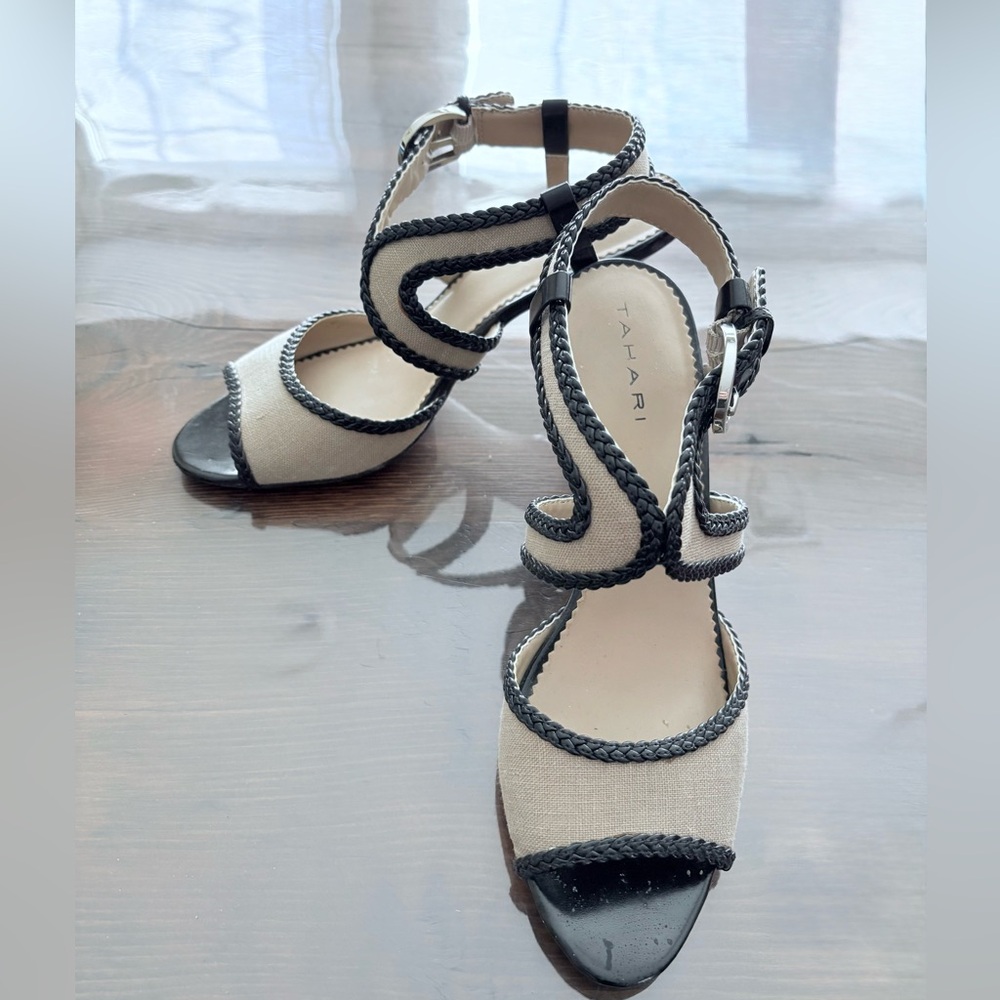 Tahari Cream and Black Braided-Strap Sandals
